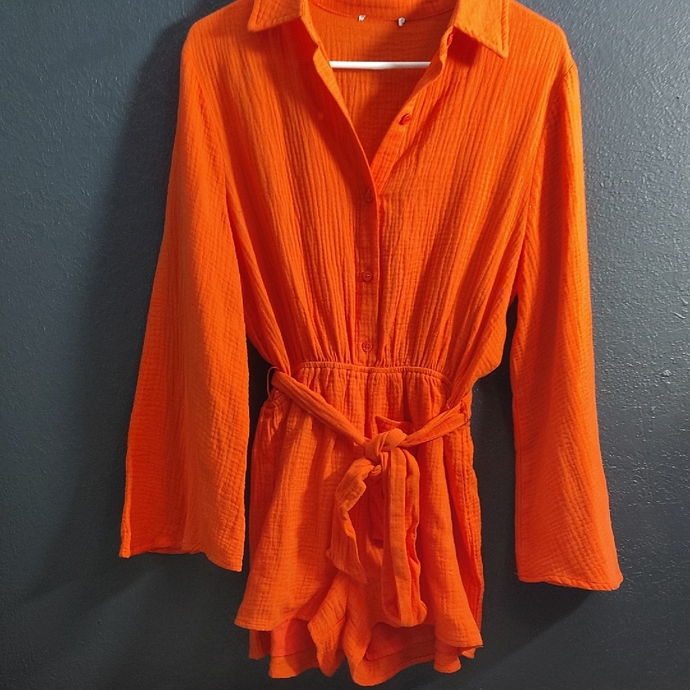 Gauze Romper Bright Orange Button-Front Tie-Waist Shabby Chic Feminine.